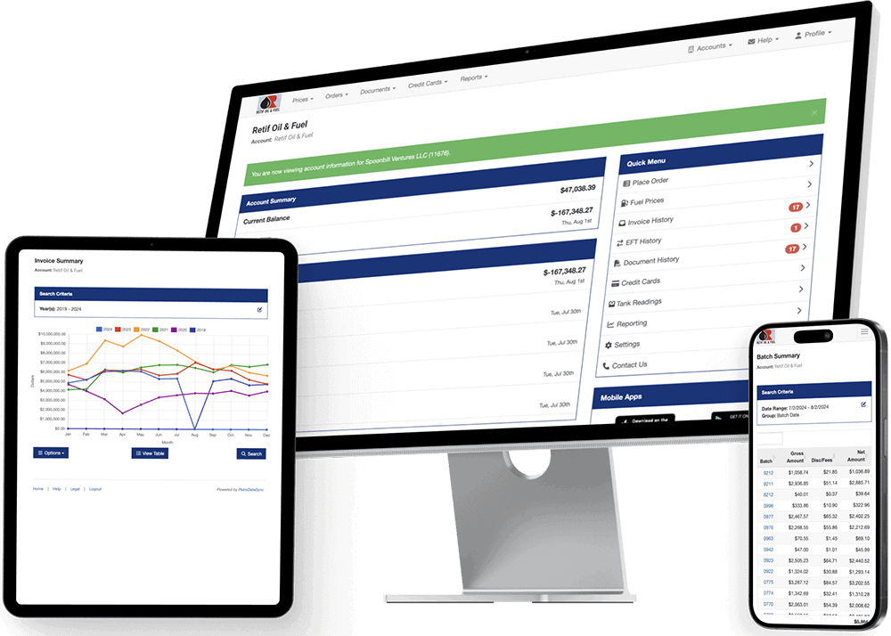 Customer portal screenshot on tablet, mobile phone, and computer monitor.